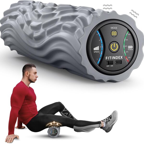 FITINDEX Vibrating Foam Roller for Back Pain, FSA&HSA Eligible, 5-Speed Muscle Massage, Exercise, Muscles Deep Tissue, Physical Therapy, Pilates, Yoga, Neck, Leg, Rechargeable, Travel Portable, Gray