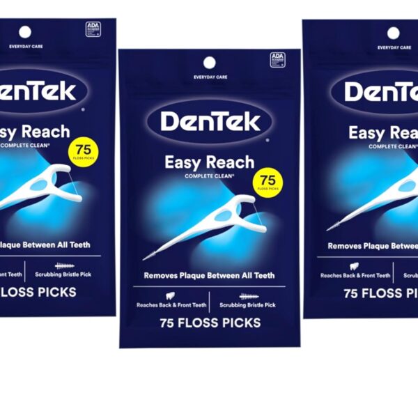DenTek Complete Clean Easy Reach Floss Picks, No Break & No Shred Floss, 75-Count, 3 Pack