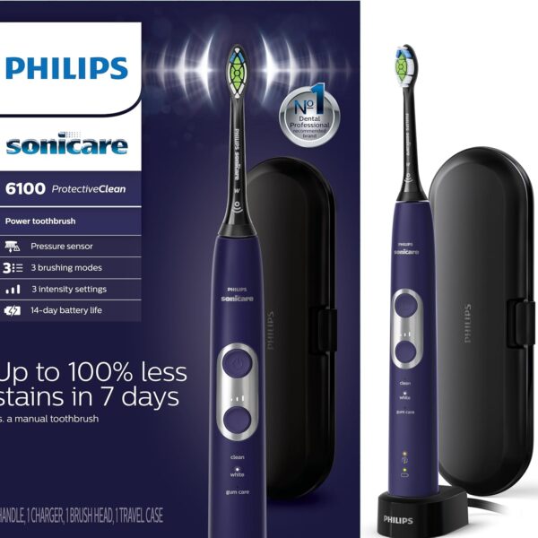 Philips Sonicare ProtectiveClean 6100 Rechargeable Electric Toothbrush, with Pressure Sensor, 3 Cleaning Modes, SmarTimer and QuadPacer, 14-Day Battery Life, Travel Case, Deep Purple, Model HX6471/03