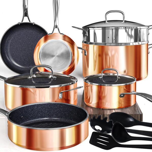 Deluxe DUXANO 14PC Healthy Pots and Pan With 9H Anti-scratch Coating, 2-Layer Non-Stick Ceramic&PFAS Free, Sensitively&Evenly Induction Cooking, Enhanced Flavor with Infrared Cookware, Dishwasher Safe