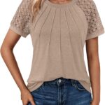 AUTOMET Women's Lace Short Sleeve Blouse - Soft Business Casual Top, Versatile Flattering Office Shirt for Summer