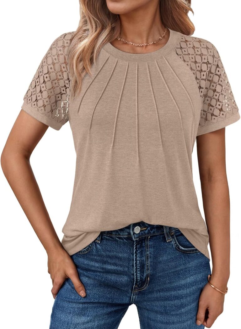 AUTOMET Women's Lace Short Sleeve Blouse - Soft Business Casual Top, Versatile Flattering Office Shirt for Summer