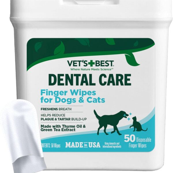 Vet's Best Finger Dental Wipes for Dogs and Cats  Oral Care Wipes for Teeth Cleaning, Fresh Breath, and Tartar Control  Gentle Finger Pads for Pet Dental Hygiene and Plaque Removal  50 Count