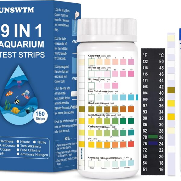 Aquarium Test Strips for Fish Tank: 9 in 1 Aquarium Water Test Kit for Freshwater - 150ct Fish Test Strips Testing Ammonia pH Nitrate Chlorine Nitrite Hardness Alkalinity Copper