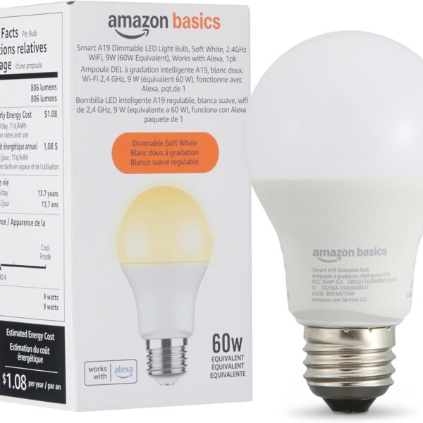 Amazon Basics Smart A19 LED Light Bulb, Dimmable Soft White (2700K), 9W (60W Equivalent), 800LM, Works with Alexa Only, Energy Efficient, 2.4 GHz Wi-Fi, No Hub Required, 1-Pack