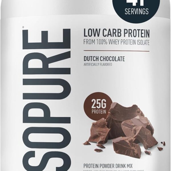 Isopure Low Carb 100% Pure Whey Isolate Protein Powder, Gluten Free, With Vitamins, Dutch Chocolate, 25g Protein Per Serving, 3.07 Lbs, 41 Servings (Packaging May Vary)
