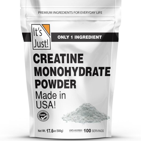 It's Just! - Creatine Monohydrate Powder, Pure Creatine Powder, Made in USA, 3rd Party Lab Tested, 5g Per Serving, Scoop Included, No Fillers, No Added Flavor (Unflavored, 500g / 100 Servings)