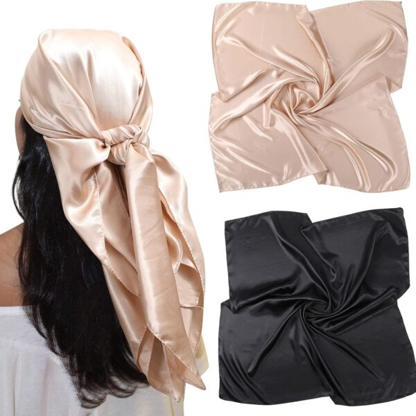 AWAYTR 35 Large Satin Square Head Scarf - 2Pcs Silk Like Floral Head Scarves Square Satin Hair Scarf Bandanas for Women