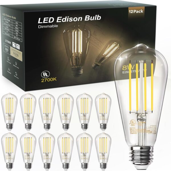 TJOY 12 Pack Vintage 8W ST58 LED Edison Light Bulbs, Dimmable, 60W Equivalent, 800Lumens, 2700K Warm White, E26 Base LED Filament Bulb, CRI80+, Antique Glass Style for Home, Bedroom, Office, Farmhouse