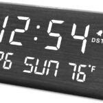 DreamSky Digital Alarm Clocks for Bedrooms - Wooden Desk Clock with Date, Day of Week, USB Port, Temperature, Dimmer for Bedside Table, Living Room, Office, Adjustable Volume, Auto DST, Wood Decor