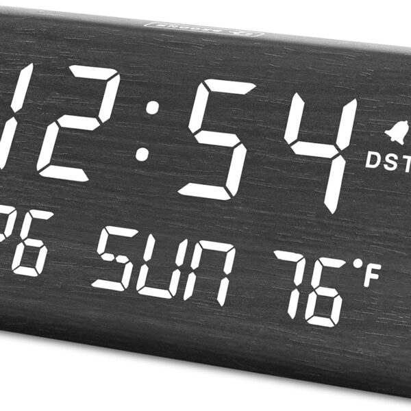 DreamSky Digital Alarm Clocks for Bedrooms - Wooden Desk Clock with Date, Day of Week, USB Port, Temperature, Dimmer for Bedside Table, Living Room, Office, Adjustable Volume, Auto DST, Wood Decor