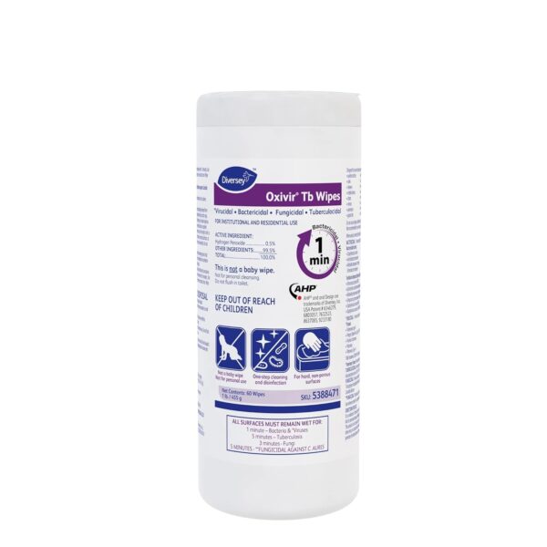 Oxivir Diversey Tb 5388471 Ready-to-Use Disinfectant Cleaning Wipes, Accelerated Hydrogen Peroxide, Large 7x8-Inch Sheets, 60-Wipes, 1-Slim Canister
