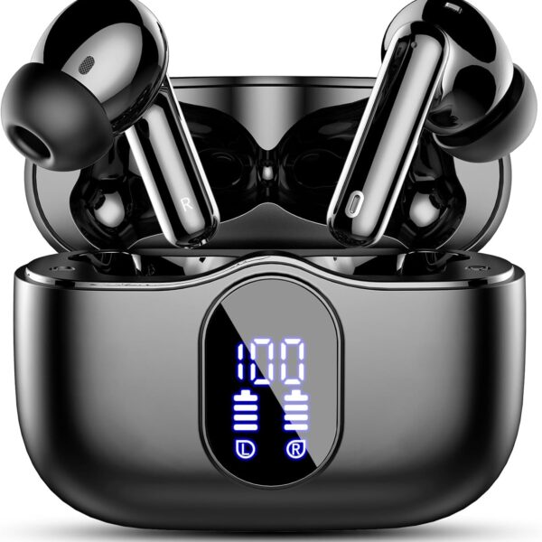 Wireless Earbuds, Bluetooth 5.4 Headphones Bass Stereo, Ear Buds with Noise Cancelling Mic, LED Display in Ear Earphones Clear Calls, IP7 Waterproof Bluetooth Earbuds for Phones/Sports/Laptop, Black