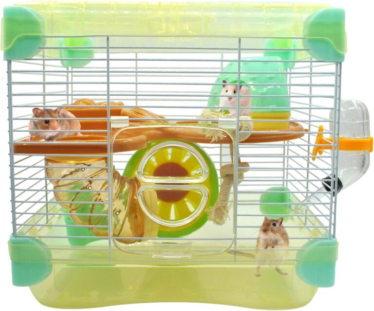 2 Layers Hamster Cage with Tubes Mouse Cage with Accessories Water Bottle Food Dish Transparent Hamster Habitat with Exercise Wheel for Hamster Guinea Pig Gerbil (10.9" x 8.1" x 9.8" Yellow)