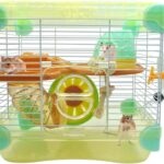 2 Layers Hamster Cage with Tubes Mouse Cage with Accessories Water Bottle Food Dish Transparent Hamster Habitat with Exercise Wheel for Hamster Guinea Pig Gerbil (10.9" x 8.1" x 9.8" Yellow)