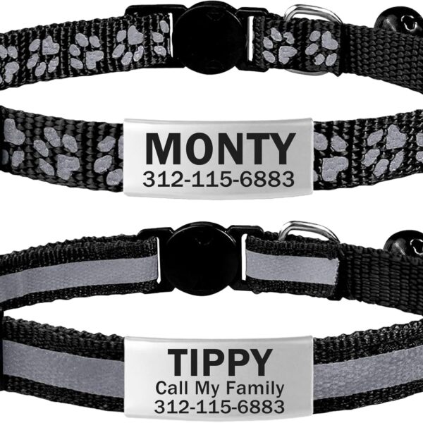 TagME 2 Pack Cat Collar with Name Tag, Personalized Reflective Cat Collar Breakaway with Bell for Boy & Girl Cats, Black