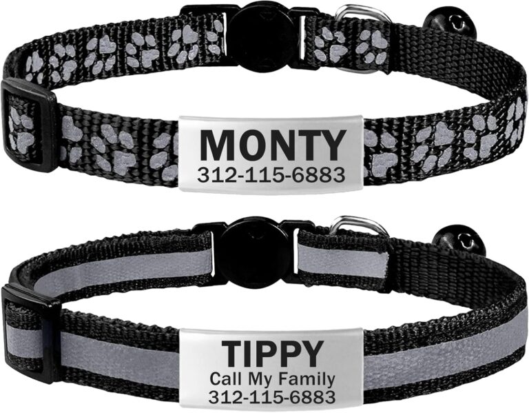 TagME 2 Pack Cat Collar with Name Tag, Personalized Reflective Cat Collar Breakaway with Bell for Boy & Girl Cats, Black