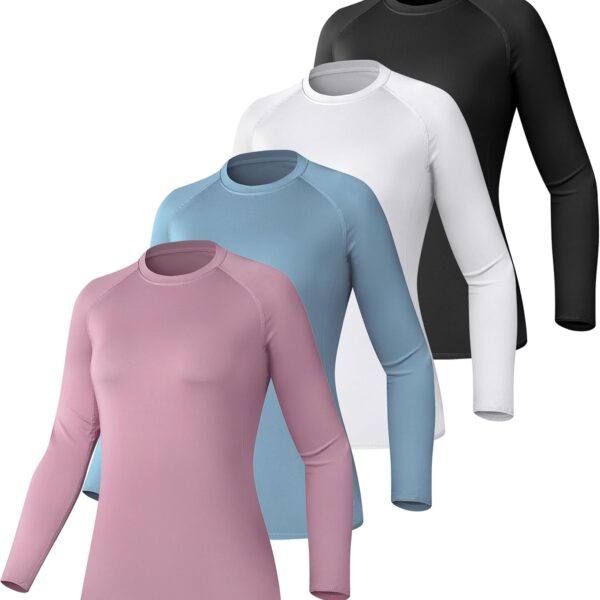 TELALEO 4 Pack Women's Compression Shirt Long Sleeve Performance Workout Baselayer Athletic Top Sports Gear