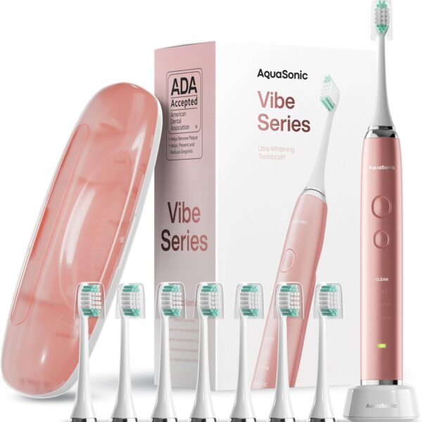 Aquasonic Vibe Series Ultra-Whitening Toothbrush  ADA Accepted Electric Toothbrush - 8 Brush Heads & Travel Case  40,000 VPM Motor & Wireless Charging - 4 Modes w Smart Timer  Satin Rose Gold