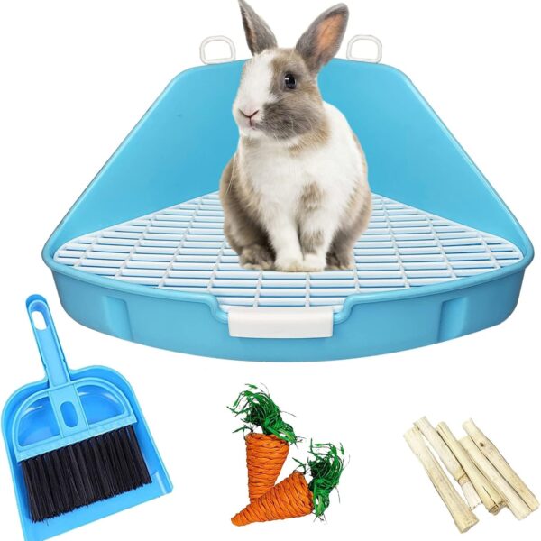 kathson Rabbit Litter Box Bunny Toilet Triangle Potty Trainer Corner Large Bedding Box Pet Pan for Rabbits Chinchillas Ferrets Guinea Pigs Galesaurs(Blue)