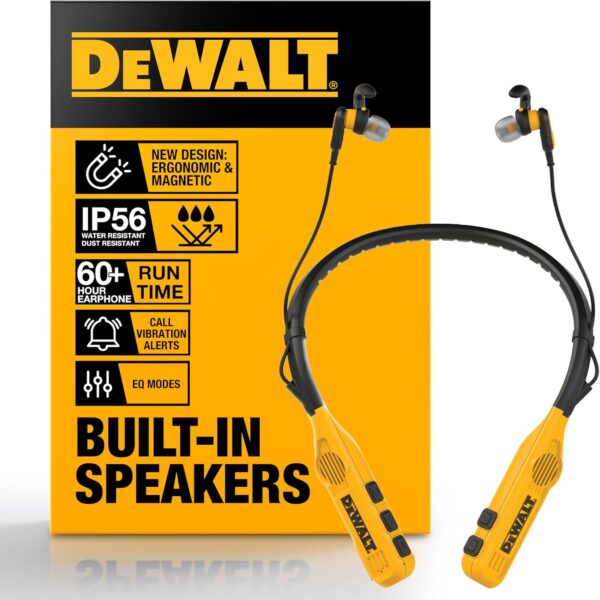 DEWALT Heavy Duty 2-in-1 Neckband Bluetooth Headphones w/Built-in Speakers, Jobsite Wearable Speaker & Around Neck Headphones, Wireless Bluetooth Headset, 60+ Hrs Hands-Free Music/Calls, Carry Pouch