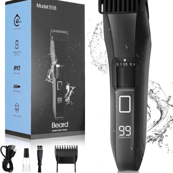 Beatslm Beard Trimmer for Men, 20 Length Adjustable, Cordless Waterproof Clippers, Stainless Steel T-Blade for Precision Facial Hair Trimming with 2 Guide Combs, Travel Lock, LED Display