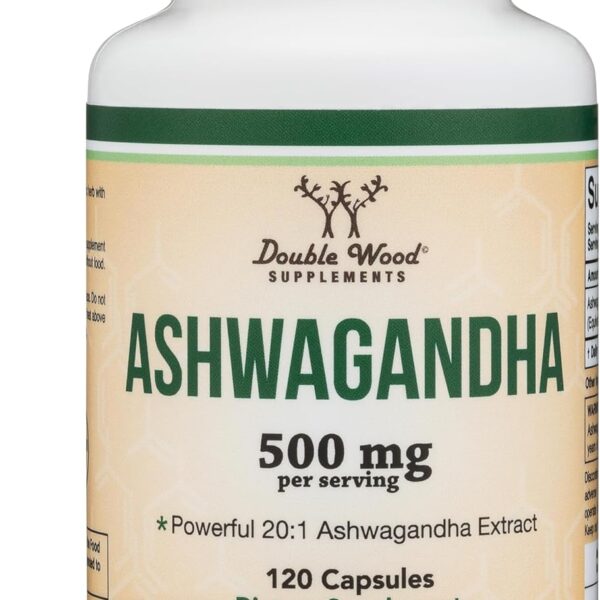 Ashwagandha Capsules, 120 Count (500mg Extract 20:1 Potency) Adaptogen Stress Relief by Double Wood