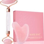 Kate Eve Rose Quartz Roller & Gua Sha Set  Luxury Facial Spa Gift for Women | 100% Natural Brazilian Rose Quartz | De-Puffing Skincare Tool