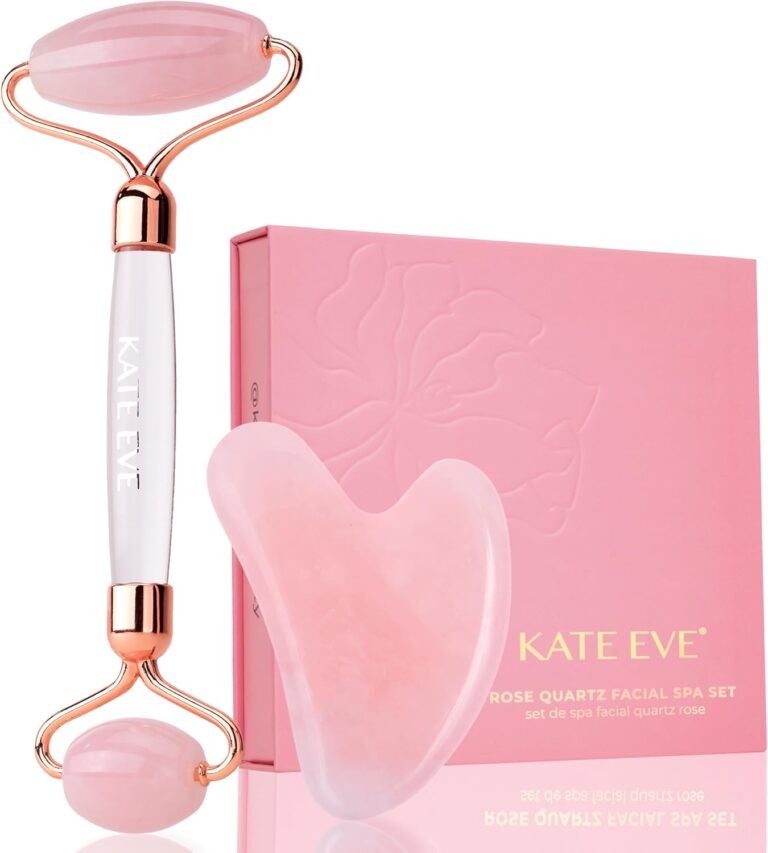 Kate Eve Rose Quartz Roller & Gua Sha Set  Luxury Facial Spa Gift for Women | 100% Natural Brazilian Rose Quartz | De-Puffing Skincare Tool
