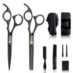 Sirabe 10 PCS Hair Cutting Scissors Set, Professional Haircut Scissors Kit with Cutting Scissors, Thinning Shears, Comb, Cape, Clips, Black Hairdressing Texturizing Shears Set for Barber, Salon, Home