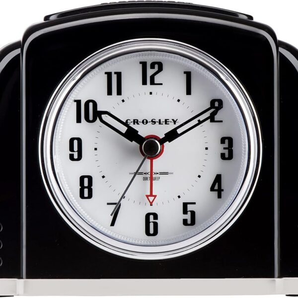Crosley Vintage Art Deco Analog Alarm Clock, Quiet Ticking, Automatic Dimmable Smart Light, Simple Controls, (Black)