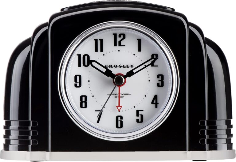 Crosley Vintage Art Deco Analog Alarm Clock, Quiet Ticking, Automatic Dimmable Smart Light, Simple Controls, (Black)