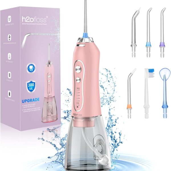 Water Dental Flosser Teeth Cleaner Pick, H2ofloss Cordless Portable Oral Irrigator,5 Mode IPX7 Waterproof Teeth Picks 300ML Rechargeable WaterFlosser for Home Travel (Pink)