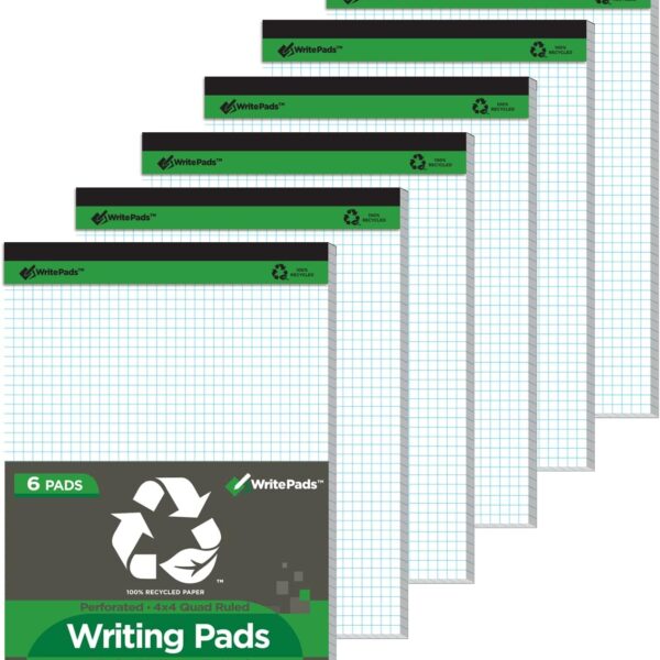 KAISA Graph Paper Legal Pads Writing Pads 6 pad 300 Sheets Recycled Paper 8.5"x11.75" Quad Ruled 4x4 Perforated 50sheets/pad Grid Paper Notepads Writing Tablet White For Office Supplies (White 6pad, 8.5x11.75'')