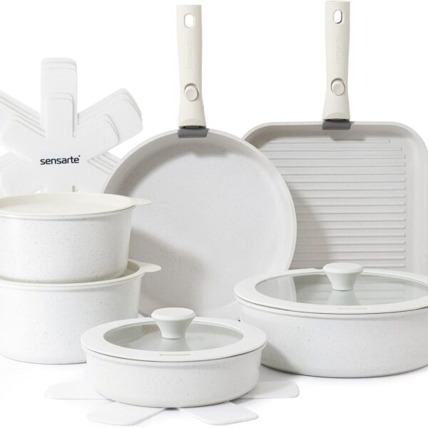 SENSARTE 17 Piece Pots and Pans Set, Nonstick Detachable Handle Cookware Set, Induction Kitchen Cookware Set with Removable Handle, Healthy Non Stick for RV, Dishwasher  Oven Safe, PFOA Free (White)