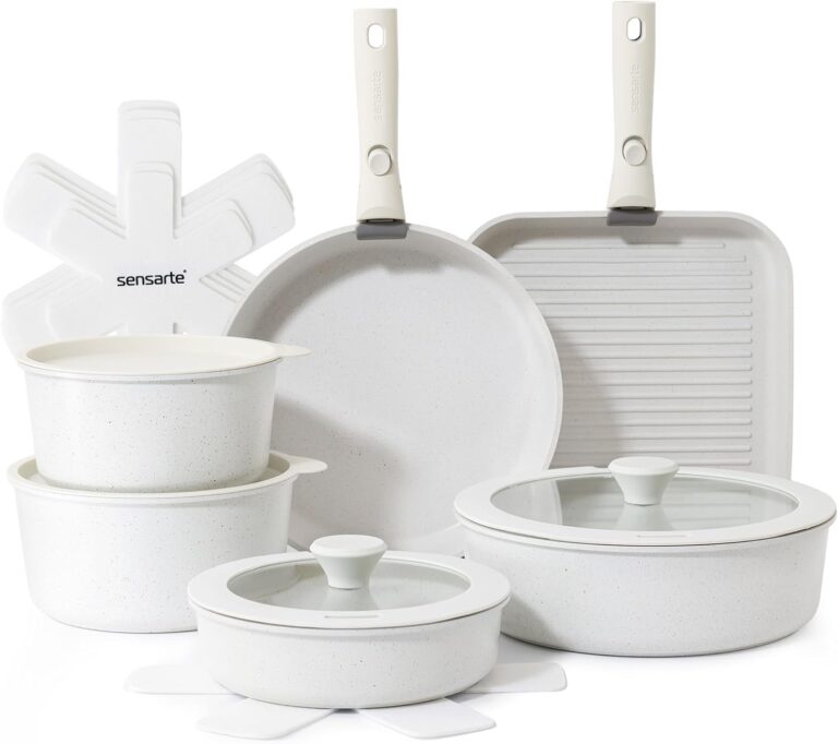 SENSARTE 17 Piece Pots and Pans Set, Nonstick Detachable Handle Cookware Set, Induction Kitchen Cookware Set with Removable Handle, Healthy Non Stick for RV, Dishwasher  Oven Safe, PFOA Free (White)