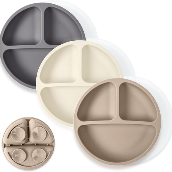 WeeSprout Suction Plates with Lids for Babies & Toddlers - 100% Silicone, Dinnerware Stays Put, Divided Design for Picky Eaters, Microwave & Dishwasher Friendly, 3 Pack
