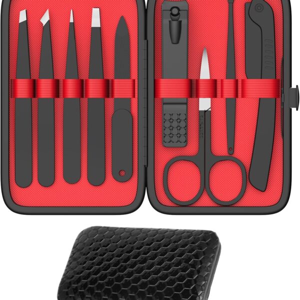 Yougai Tweezers and Nail Clippers Set,9 Pcs Professional Stainless Steel Tweezers Kit-Great Precision Tweezers with Curved Scissors and Eyebrow Razor for Daily Beauty Tools with Leather Travel Case