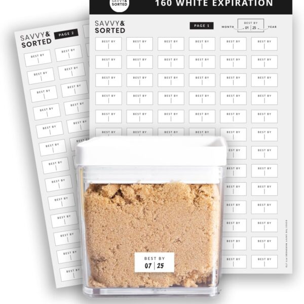 SAVVY & SORTED Expiration Date Pantry Labels, 160 Waterproof Food Expiration Date Label for Containers, Kitchen Stickers for Food Freshness, Use by Meal Prep Labels, Best By Write On Labels