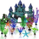 Mechpia 13 Pieces Aquarium Decorations Kit, Fish Tank Decorations Set Small Resin Castle and Rockery Betta Fish Cave Hideout Coral Artificial Plastic Plants Ornament Accessories