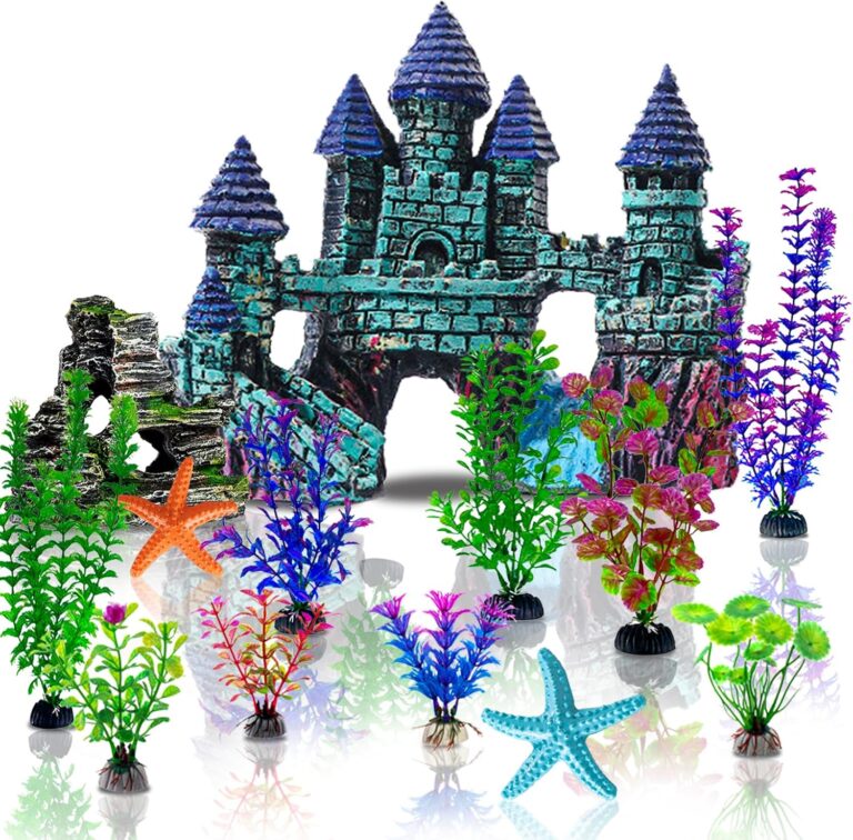 Mechpia 13 Pieces Aquarium Decorations Kit, Fish Tank Decorations Set Small Resin Castle and Rockery Betta Fish Cave Hideout Coral Artificial Plastic Plants Ornament Accessories