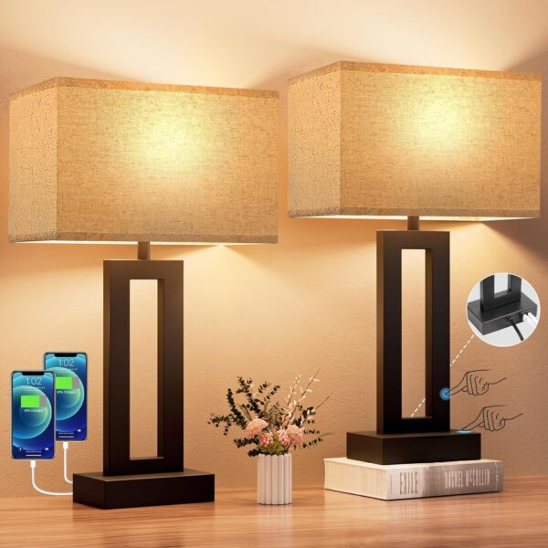 Seealle Bedroom Lamps for Night Stands - Touch Control, 3 Way Dimmable, USB C+A Charging, LED Bulbs, Easy Assembly
