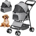 ZENY Pet Stroller, 3 in1 Foldable Dog Cat Jogger Stroller with 4 Wheels, Detachable Basket and Cup Holder, Travel Folding Carrier for Small/Medium Pet (Gray)