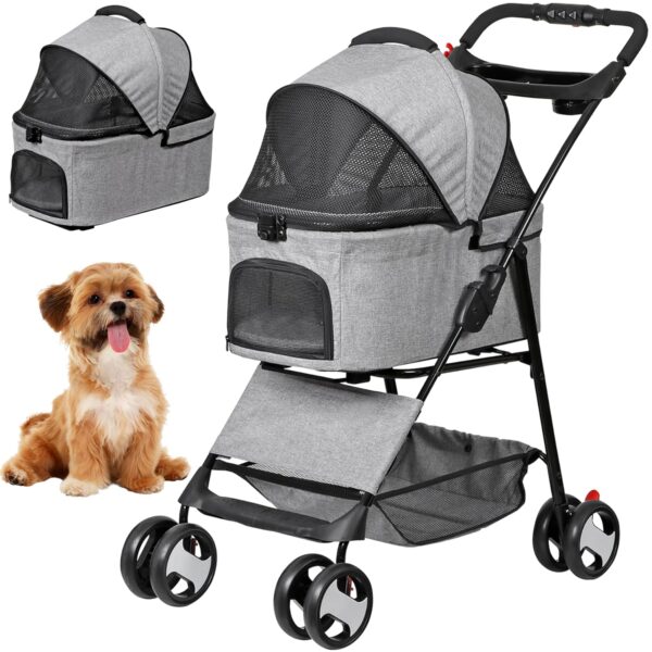ZENY Pet Stroller, 3 in1 Foldable Dog Cat Jogger Stroller with 4 Wheels, Detachable Basket and Cup Holder, Travel Folding Carrier for Small/Medium Pet (Gray)