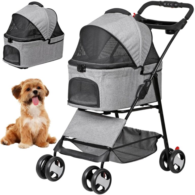 ZENY Pet Stroller, 3 in1 Foldable Dog Cat Jogger Stroller with 4 Wheels, Detachable Basket and Cup Holder, Travel Folding Carrier for Small/Medium Pet (Gray)