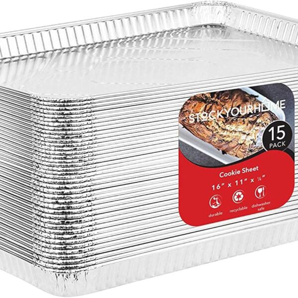 Stock Your Home Aluminum Pans - 15 Pack Disposable Aluminum Foil Trays - Reusable Nonstick Baking Sheets - 16 Inch x 11 Inch