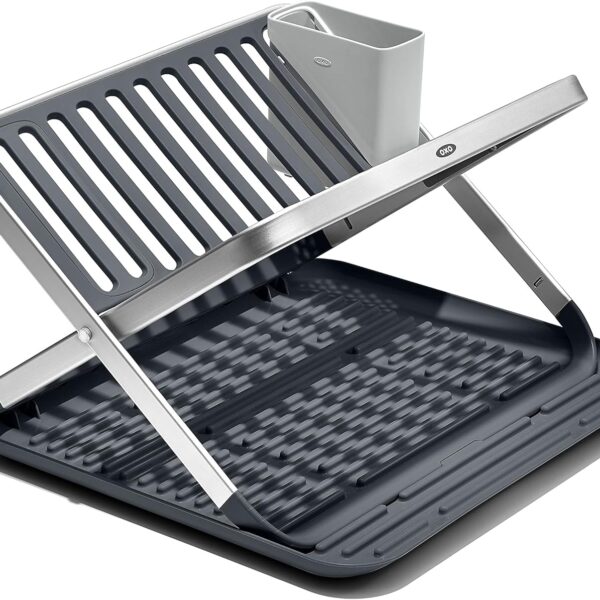 OXO Good Grips Aluminum Fold Flat Dish Drying Rack, 2-Tier, with Drainboard, for Kitchen Counter, Collapsible