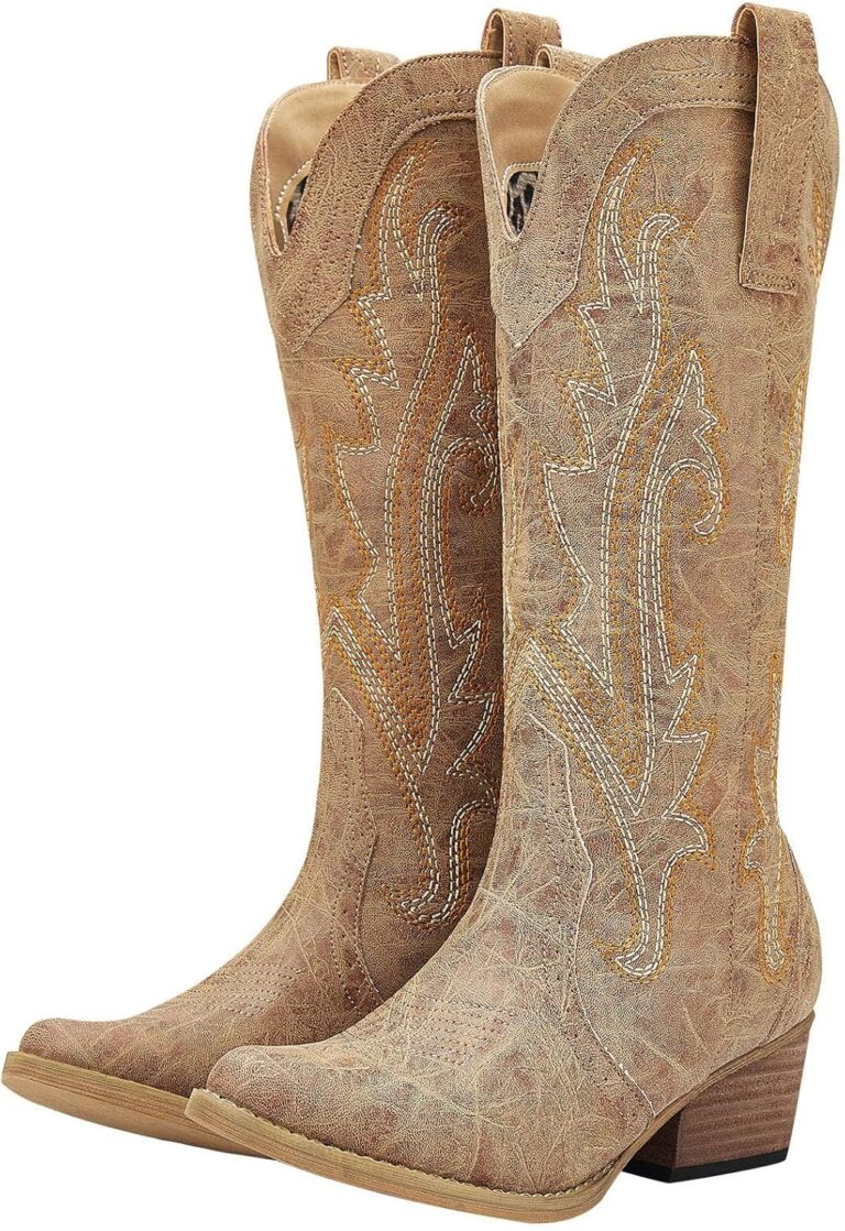 HISEA Rollda Cowboy Boots for Women, Cowgirl Boots, Comfortable Western Boots with Pointed Toe Stitched Embroidery for Country Concert Dancing Wedding Traveling Daily Outfits