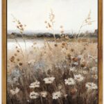 KBKBART Vintage Wall Art Framed, Retro Countryside Autumn Wildflower Field Landscape Canvas Painting Farmhouse Decor Wall Art, Rustic Fall Landscape Bathroom Wall Decor for Bedroom Living Room,