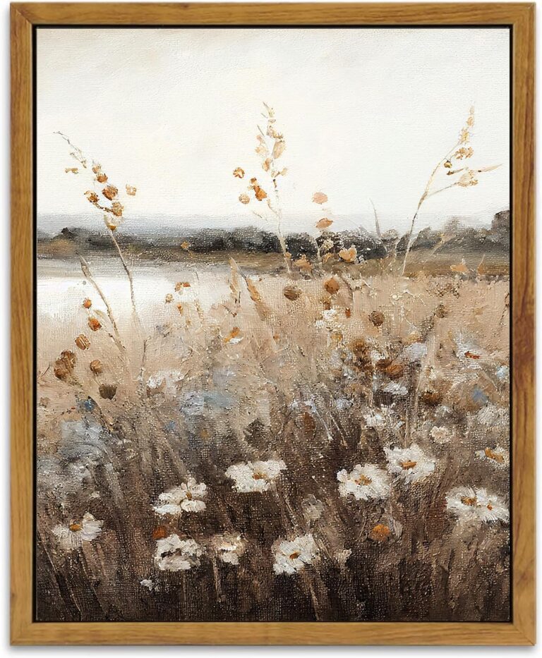 KBKBART Vintage Wall Art Framed, Retro Countryside Autumn Wildflower Field Landscape Canvas Painting Farmhouse Decor Wall Art, Rustic Fall Landscape Bathroom Wall Decor for Bedroom Living Room,